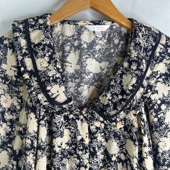 LC Lauren Conrad Black Floral 3/4 Sleeve Fit & Flare Ruffled Skirt Dress Sz MD - Picture 3 of 12